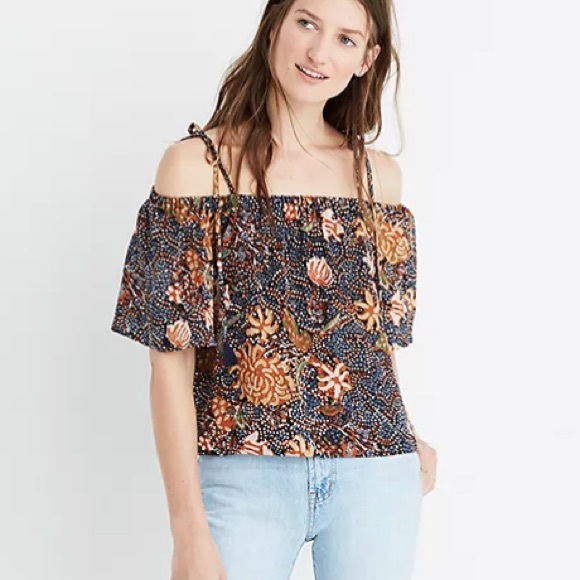 Madewell Silk Cold Shoulder Tie Tassel Straps Sea Floral Crop Top - M - Picture 3 of 15